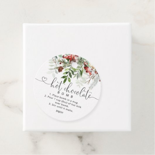 Heet chocoladebom label. Evergreen hot cacaobom Bedankjes Labels (In situ)
