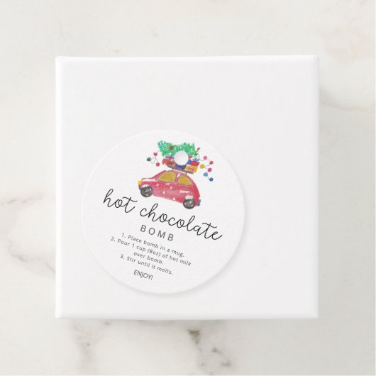 Heet chocoladebom label. Evergreen hot cacaobom Bedankjes Labels (In situ)