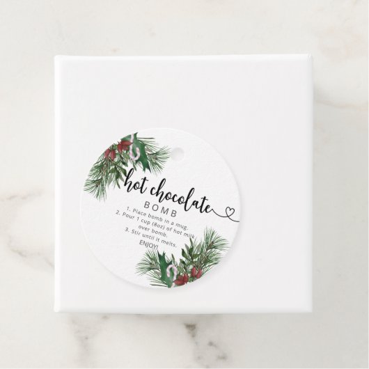 Heet chocoladebom label. Evergreen hot cacaobom F Bedankjes Labels (In situ)