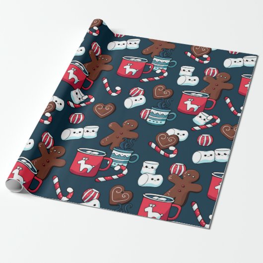 Heet Coco en kerstboompatroon Cadeaupapier (Uitgerold)