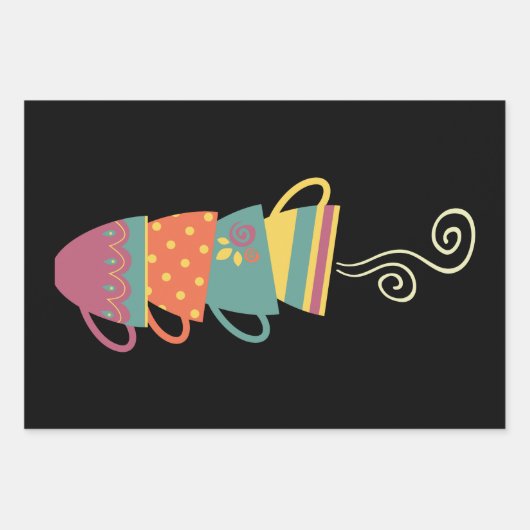 Heet kopje thee, kleurrijke koffiemokken stomen inpakpapier vel (Voorkant 3)