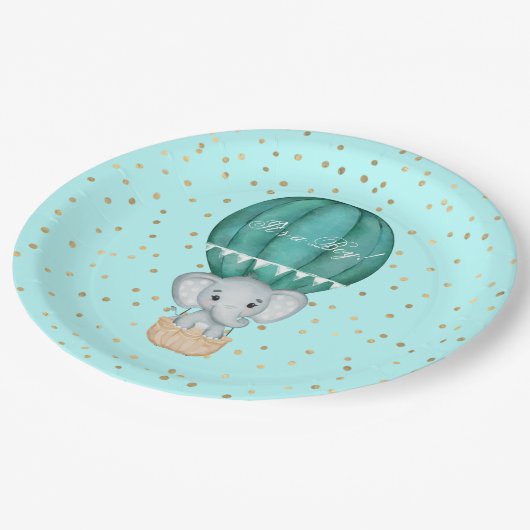Heet luchtballon Baby Elephant Shower Papieren Bordje (Gekanteld)