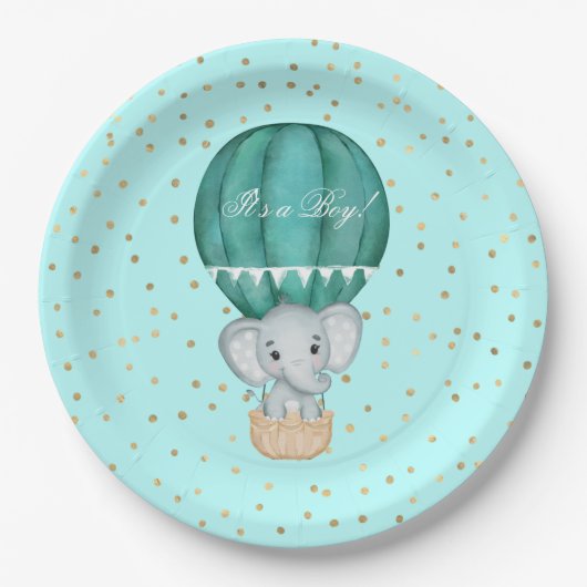 Heet luchtballon Baby Elephant Shower Papieren Bordje (Voorkant)