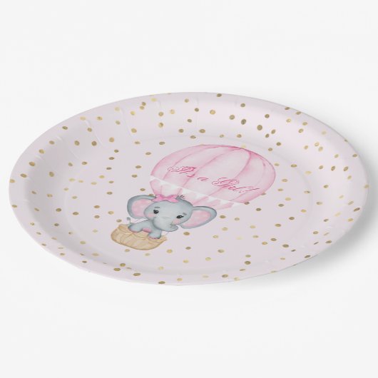 Heet Luchtballon Baby Olifant Meisje Baby Shower  Papieren Bordje (Gekanteld)
