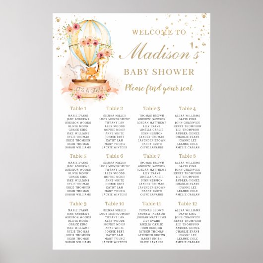 Heet-luchtballon Baby shower Dieren Zitdiagram Poster (Voorkant)