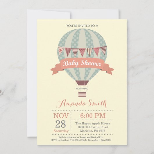 Heet-luchtballon Baby shower Invitation Yellow Kaart (Voorkant)