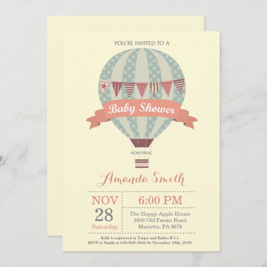Heet-luchtballon Baby shower Invitation Yellow Kaart (Voorkant / Achterkant)