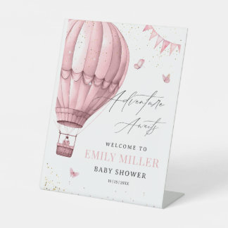 Heet Luchtballon Baby Shower Roze Meisje Avontuur Reclamebord Met Voetstuk