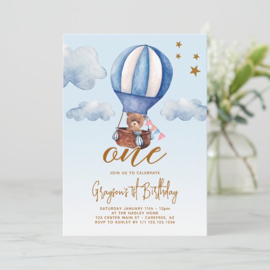 Heet Luchtballon Beer Jongen 1e Verjaardag Kaart (Staand voorkant)