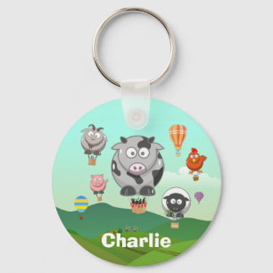 Heet luchtballon boerderijdieren gepersonaliseerd sleutelhanger