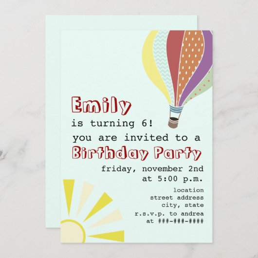 Heet luchtballon en Sun Birthday Party Invitation Kaart (Voorkant / Achterkant)