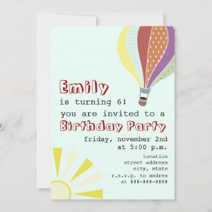 Heet luchtballon en Sun Birthday Party Invitation Kaart