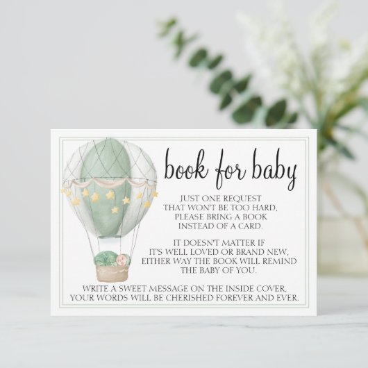 Heet-luchtballon, groene baby shower omhullingskaa RSVP kaartje (Staand voorkant)