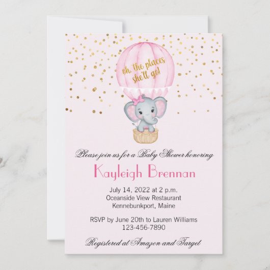 Heet Luchtballon Olifant Meisje Baby Shower Kaart (Voorkant)