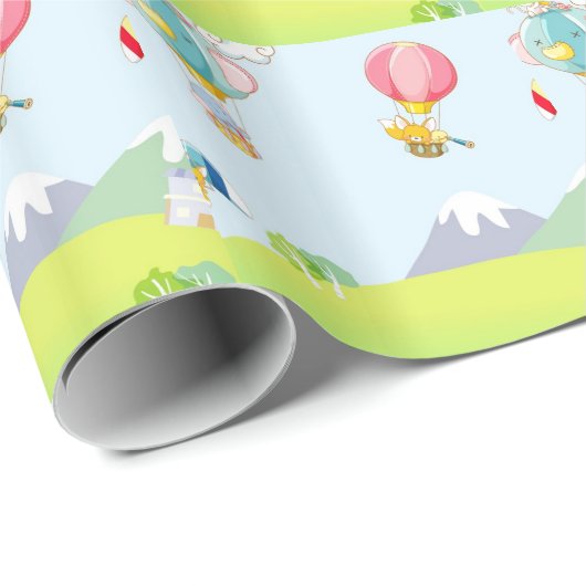 Heet luchtballon op pastelblauwe achtergrond. cadeaupapier (Rol Hoek)