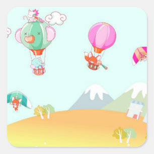Heet luchtballon op pastelkleurachtergrond. vierkante sticker