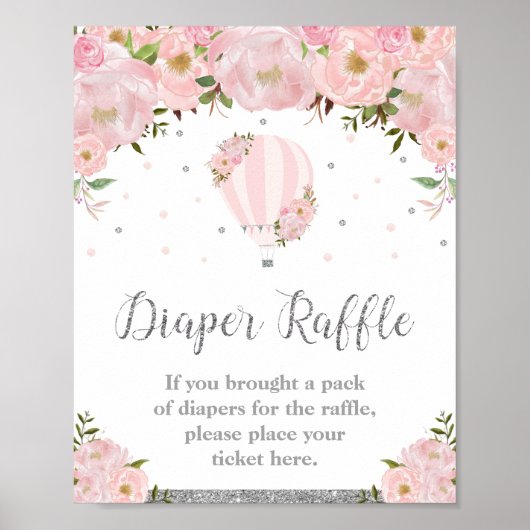 Heet luchtballon Silver Pink Floral Diaper Raffle Poster (Voorkant)