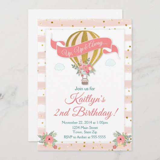 Heet luchtballon, uitnodiging op zaterdag, omhoog  (Voorkant / Achterkant)
