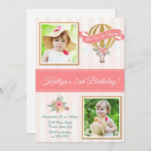 Heet luchtballon, uitnodiging op zaterdag, omhoog  (Voorkant / Achterkant)