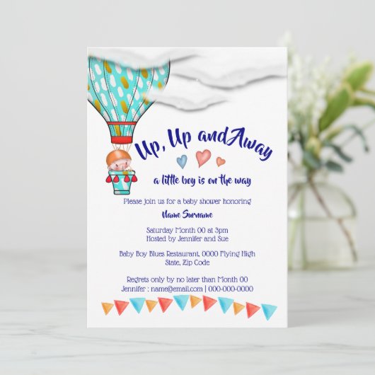 Heet-luchtballonjongens baby shower schattig reisf kaart (Staand voorkant)