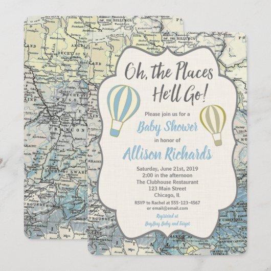 Heet luchtballonjongetje blauw onder babydouche kaart (Voorkant / Achterkant)