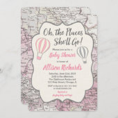 Heet luchtballonmeisje baby douche roze kaart (Voorkant / Achterkant)