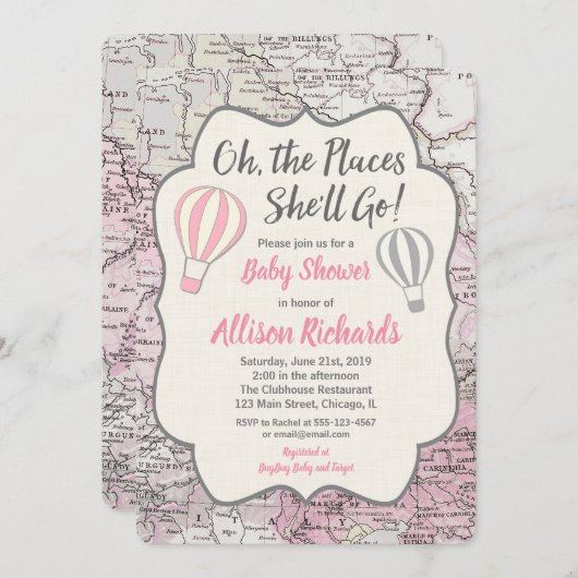 Heet luchtballonmeisje baby douche roze kaart (Voorkant / Achterkant)