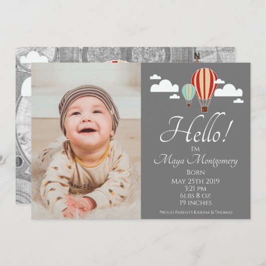 Heet Luchtballonnen & Wereldkaart Geboorteaankondi Kaart (Voorkant / Achterkant)