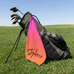 Heet Magenta Roze Helder Oranje Ombre Script Naam Golfhanddoek
