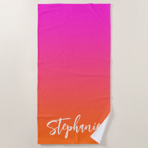 Heet Magenta Roze Helder Oranje Ombre Script Naam Strandlaken
