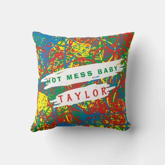 Heet Mess Baby Naam Rood Blauw Gele Gele Rugbinbbe Kussen (Achterkant)