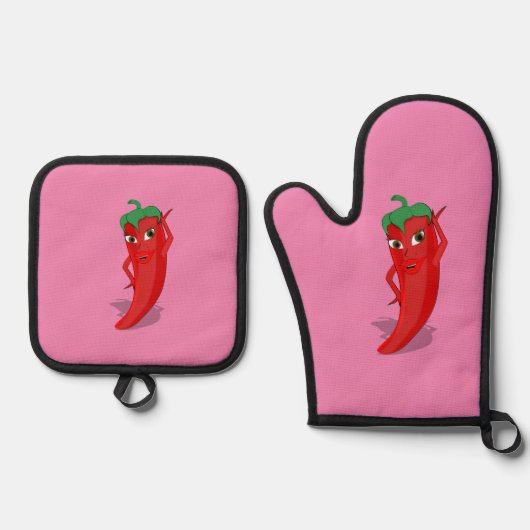 Heet Pepper Diva Tekening Custom Roze Ovenwant & Pannenlap Set (Voorkant)