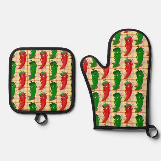 Heet Pepper Divas Tekening Custom Plaid Patroon Ovenwant & Pannenlap Set (Voorkant)