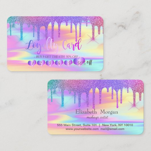 Heet regenbooglitter drijft holografisch klantenkaartje (Voorkant / Achterkant)