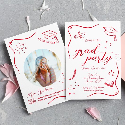 Heet Rood Hand-getrokken Krabbel Afstuderen Kaart