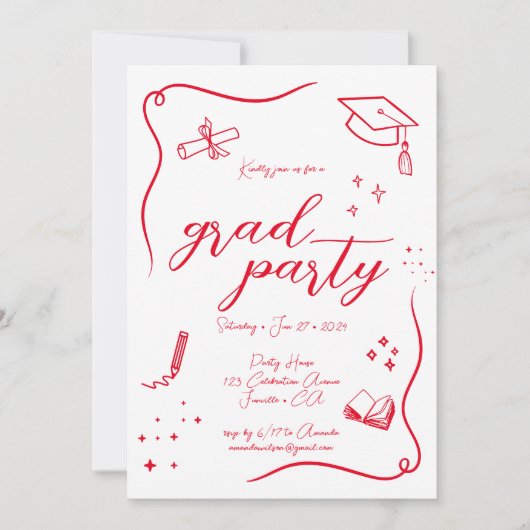 Heet Rood Hand-getrokken Krabbel Afstuderen Kaart (Voorkant)