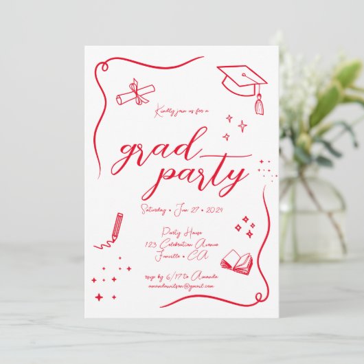 Heet Rood Hand-getrokken Krabbel Afstuderen Kaart (Staand voorkant)