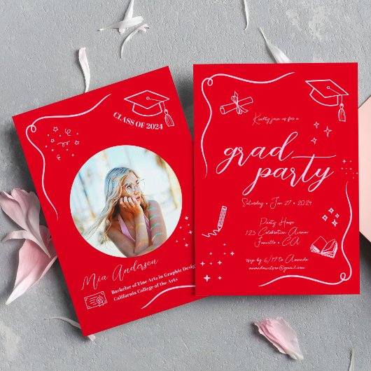 Heet Rood Roze Hand-getrokken Scrible Afstuderen Kaart