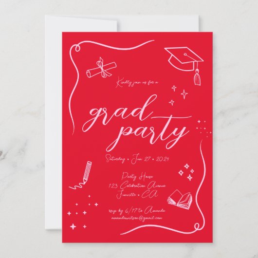 Heet Rood Roze Hand-getrokken Scrible Afstuderen Kaart (Voorkant)