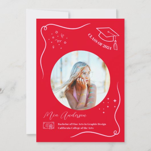 Heet Rood Roze Hand-getrokken Scrible Afstuderen Kaart (Achterkant)