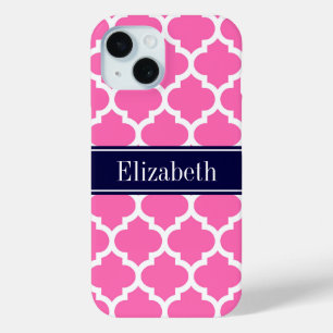 Heet Roze2 Witte Marokkaanse #5 Navy Blauwe Naam M iPhone 15 Case