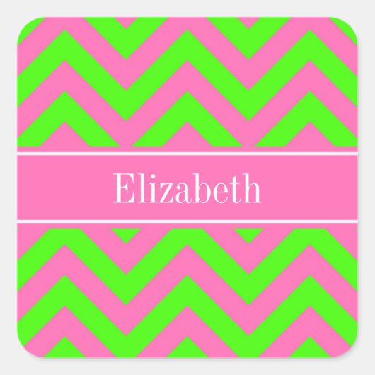 Heet Roze #2 Limoengroen LG Chevron Naam Monogram Vierkante Sticker (Voorkant)