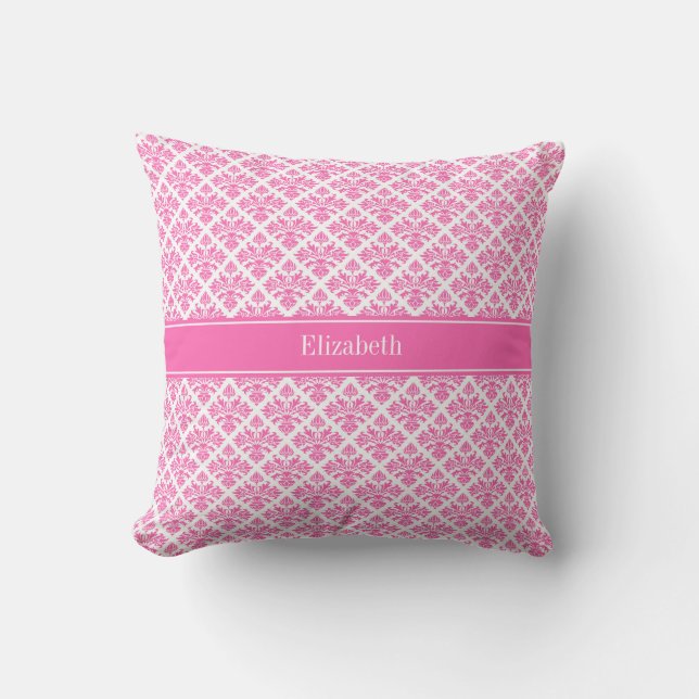 Heet Roze 2 Wit Damast #3 Heet Roze Naam Monogram Kussen (Voorkant)