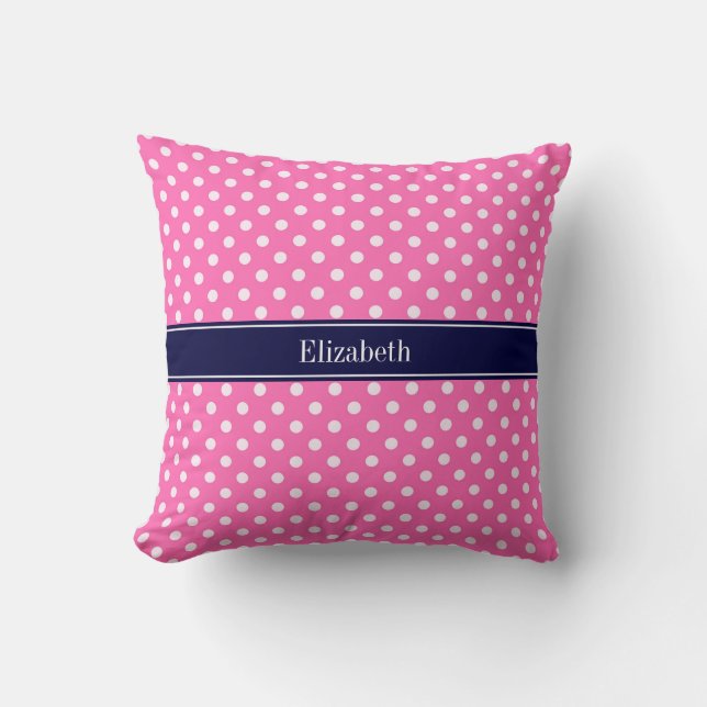 Heet Roze #2 Witte Stippen Marineblauw Naam Monogr Kussen (Voorkant)