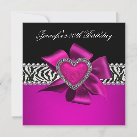 Heet Roze 30e Verjaardagsfeest Zebra Zwart Kaart (Voorkant)