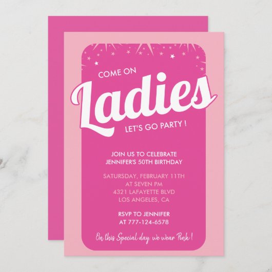 Heet roze 50ste verjaardag uitnodigingen girly tre (Voorkant / Achterkant)