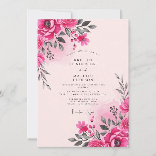 Heet Roze Aquarel Lente Bruiloft Kaart (Voorkant)