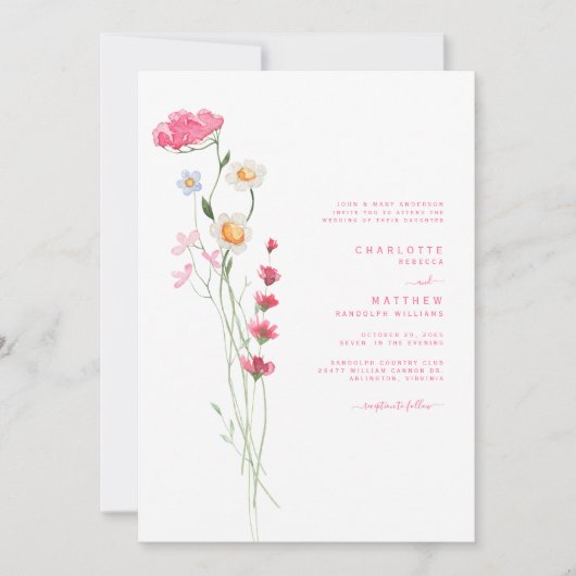 Heet Roze Aquarel Wilde Bloem Bruiloft II Kaart (Voorkant)