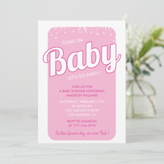 Heet roze baby douche uitnodigingen typografie (Staand voorkant)