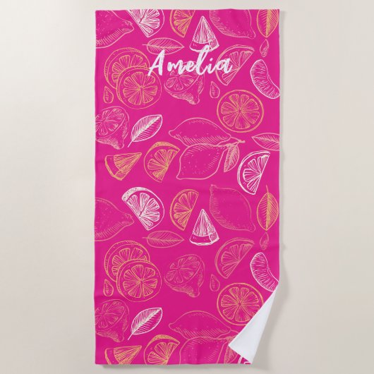 Heet roze Bachelorette weekend Bruidsmeisje Lemon Strandlaken (Voorkant)